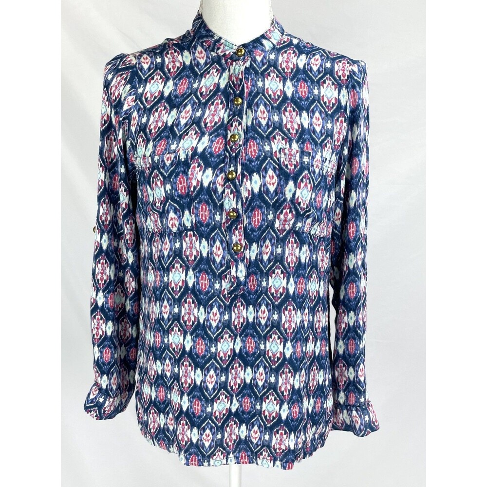 Liza Byrd Top Women MEDIUM Blue Roll Up Long Sleeve‎ Gold Button Up Shirt
